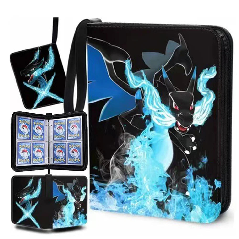 Black PU leather card binder with a zipper featuring a blue and black dragon design.