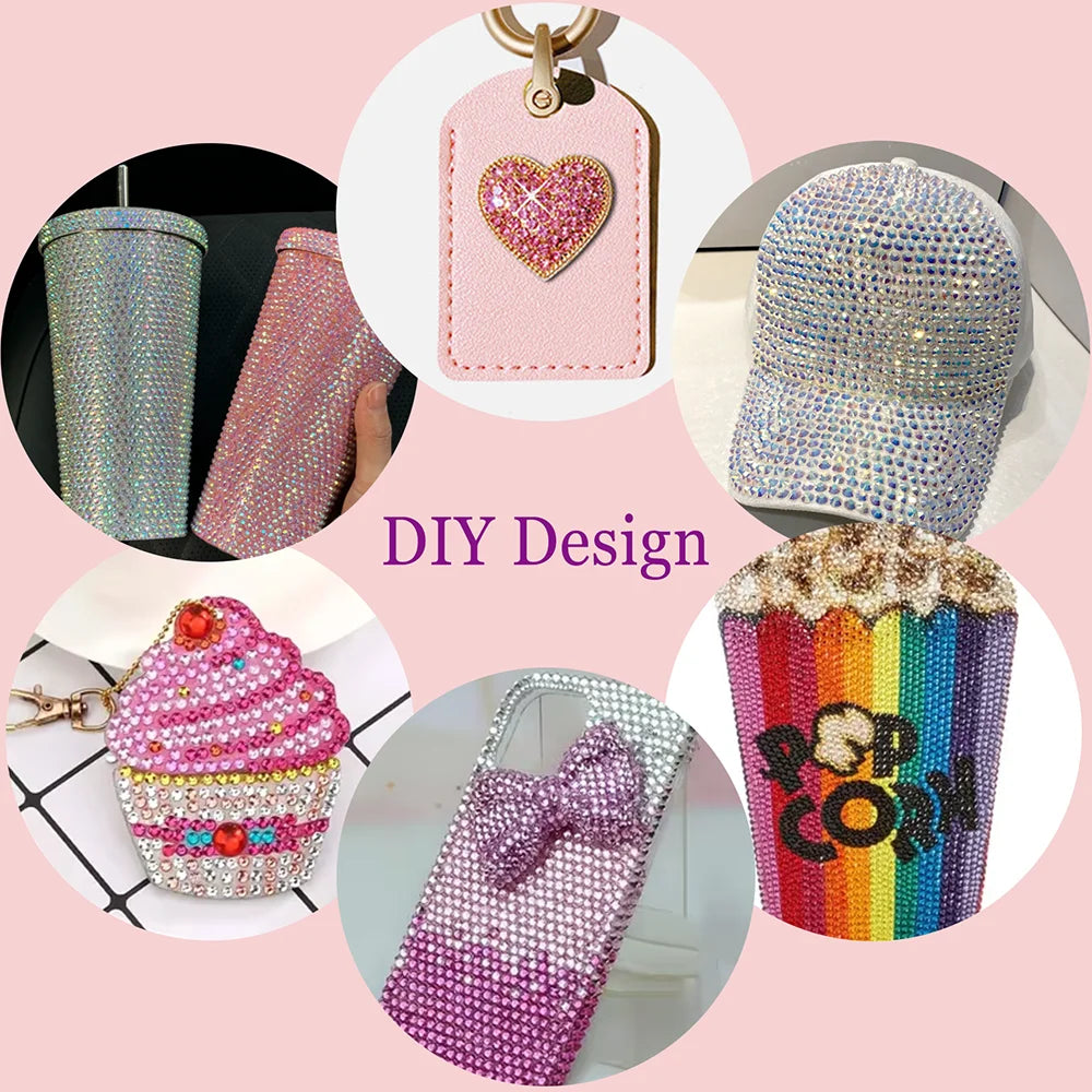 A collection of DIY craft items including a heart-shaped charm, a rhinestone baseball cap, and colorful layered cups.
