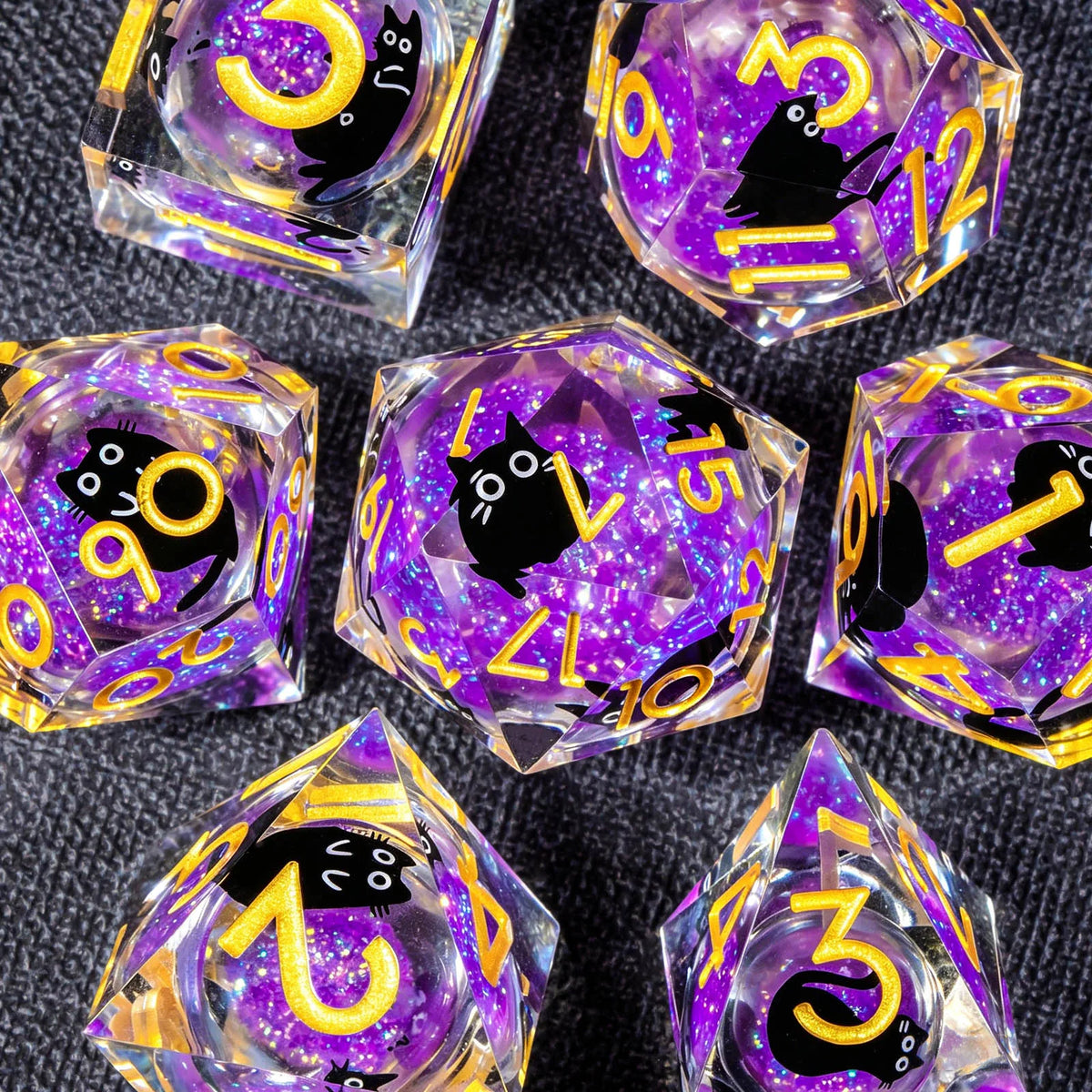 Cat Liquid Core Polyhedral Dice Set with Sharp Edges