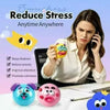A woman is shown using a yellow squishy toy to reduce stress while on the phone, with several pink and blue squishy toys visi