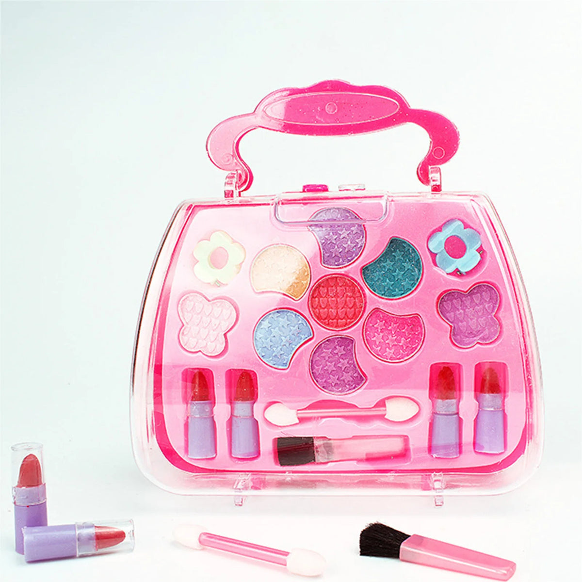 A pink plastic cosmetic case containing various makeup items like lipsticks and brushes.