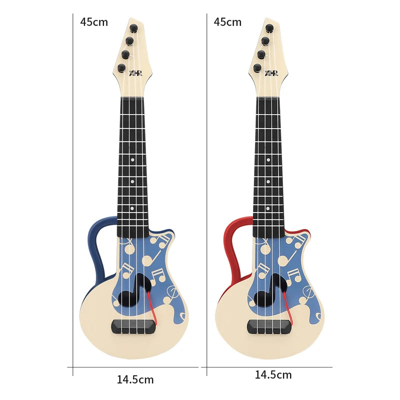 A light-colored ukulele toy with a wooden neck and body, shown from the front and back views.