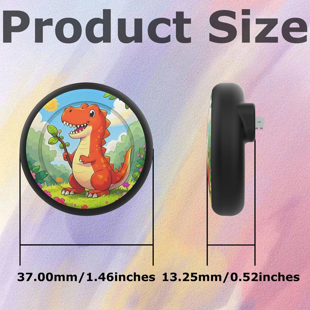 A round silicone pin holder featuring a cartoon dinosaur design, shown next to its full length.