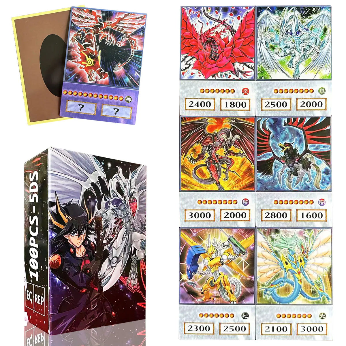 A box of 100 Yu-Gi-Oh! anime style trading cards featuring classic monsters and Egyptian gods.