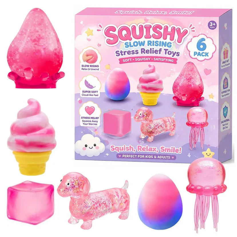 Eine Box mit weichen Stressabbau-Spielzeugen in rosa und lila und sensorischen Fidget-Items für Kinder und Erwachsene.