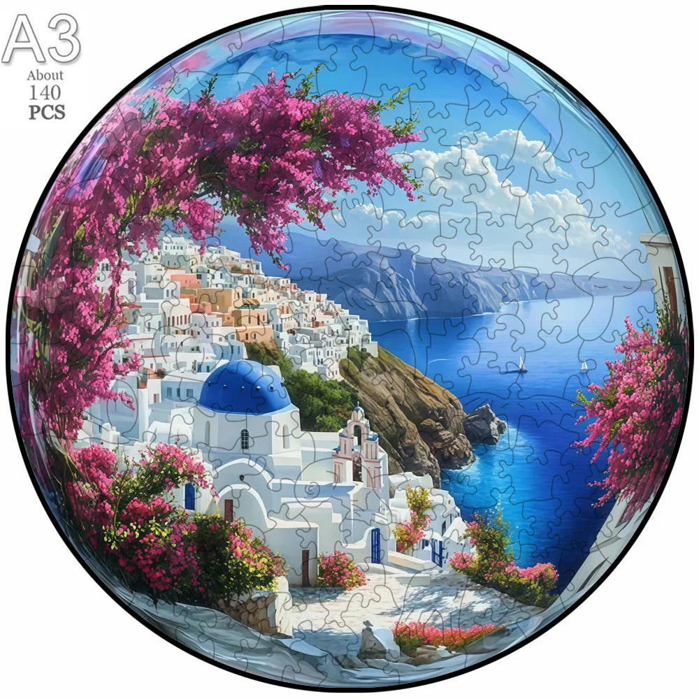 A jigsaw puzzle depicting a vibrant Mediterranean landscape with pink blossoms, white buildings, and blue sea.