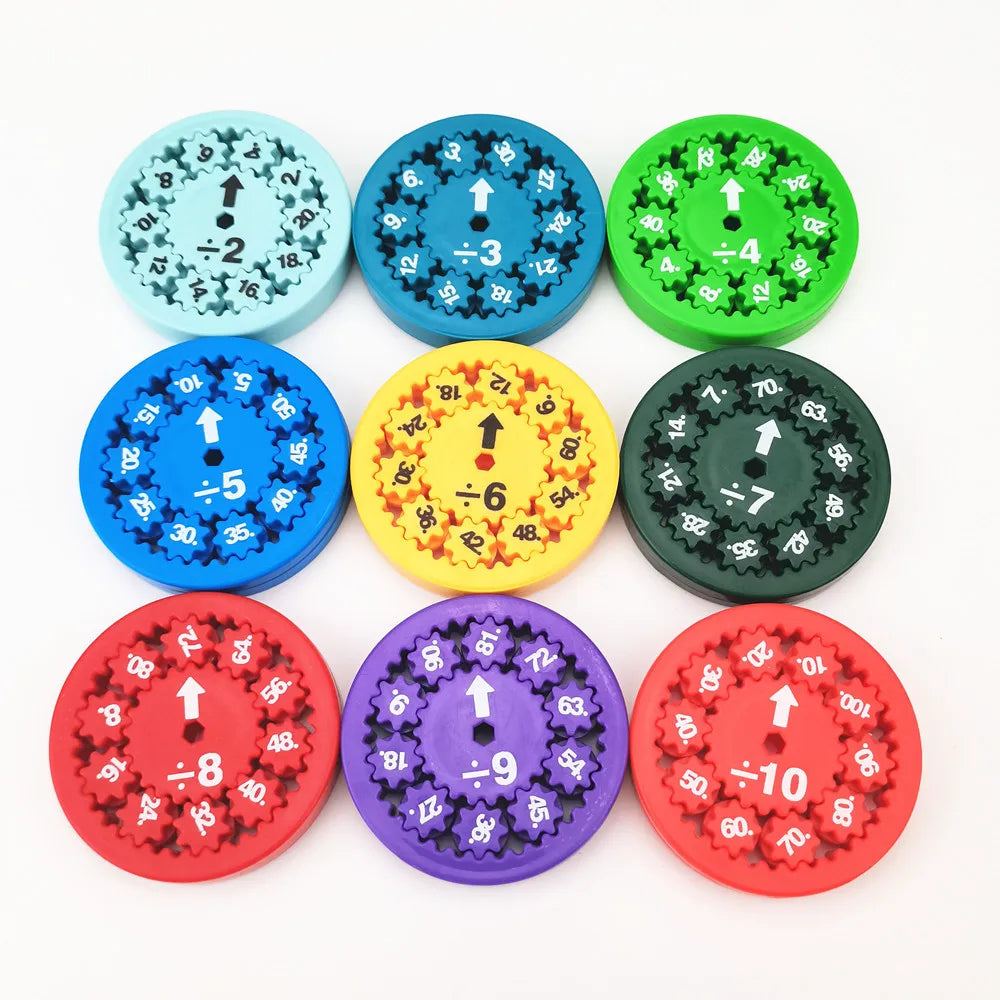 A collection of ten colorful math fidget spinners showing various numbers and operations on the surface