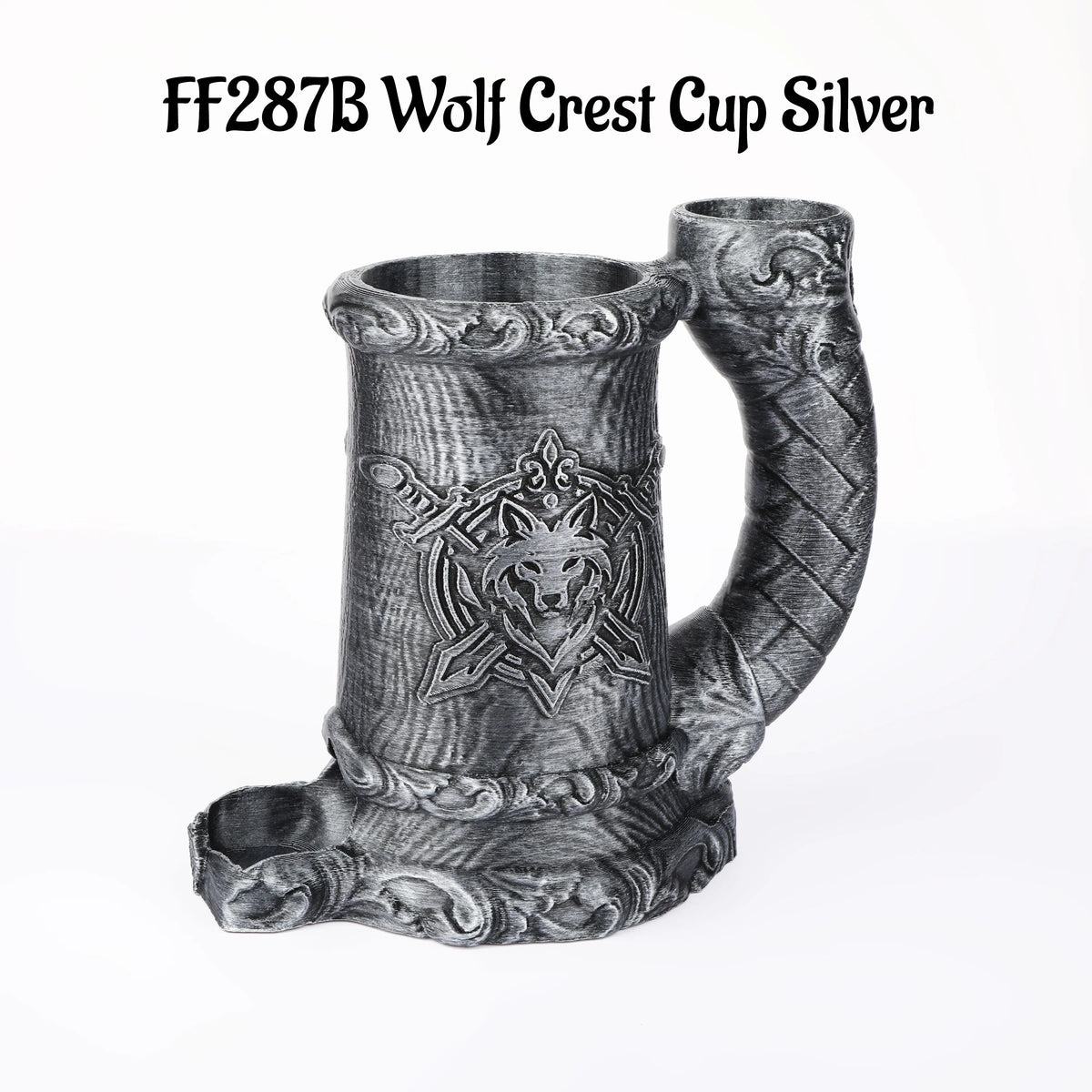 Silver wolf crest cup mug for tabletop RPGs featuring an intricate design