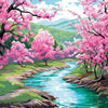 A vibrant painting of a cherry blossom landscape featuring pink trees, green hills, and a flowing blue river.