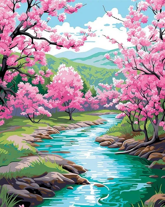 A vibrant painting of a cherry blossom landscape featuring pink trees, green hills, and a flowing blue river.