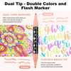 A set of dual-tip glitter markers featuring complementary colors and a flash marker for art and crafts.
