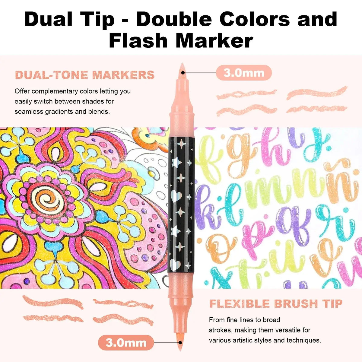 A set of dual-tip glitter markers featuring complementary colors and a flash marker for art and crafts.