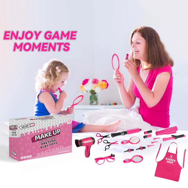 A girl plays with a makeup kit and tools, including brushes and mirrors, in a bright setting.