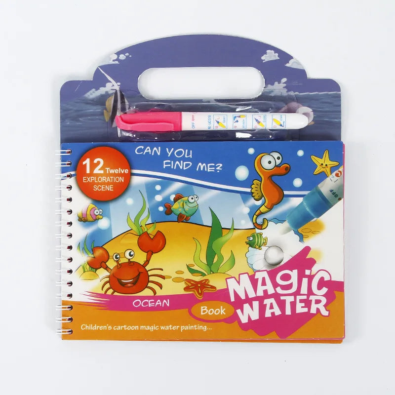 A colorful box of a magic water painting book featuring sea creatures and an applicator pen.