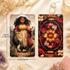 A tarot card depicting a powerful woman with a lion and floral elements, representing strength.
