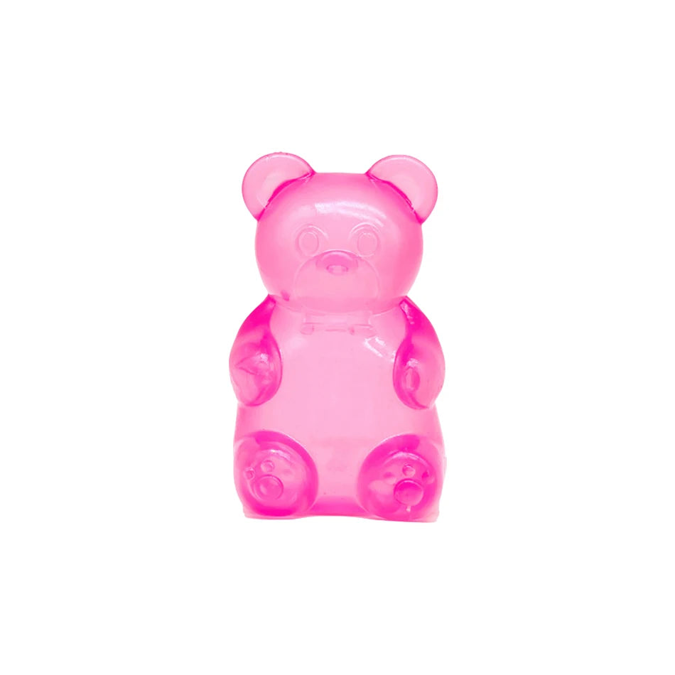 A pink silicone slow rising sensory fidget cube shaped like a bear for stress relief and focus.