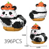 A set of 396 mini panda building blocks featuring black and white designs on a wooden base.