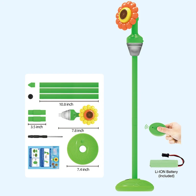 A green automatic sunflower bubble machine with a long pole and battery is shown next to its components.