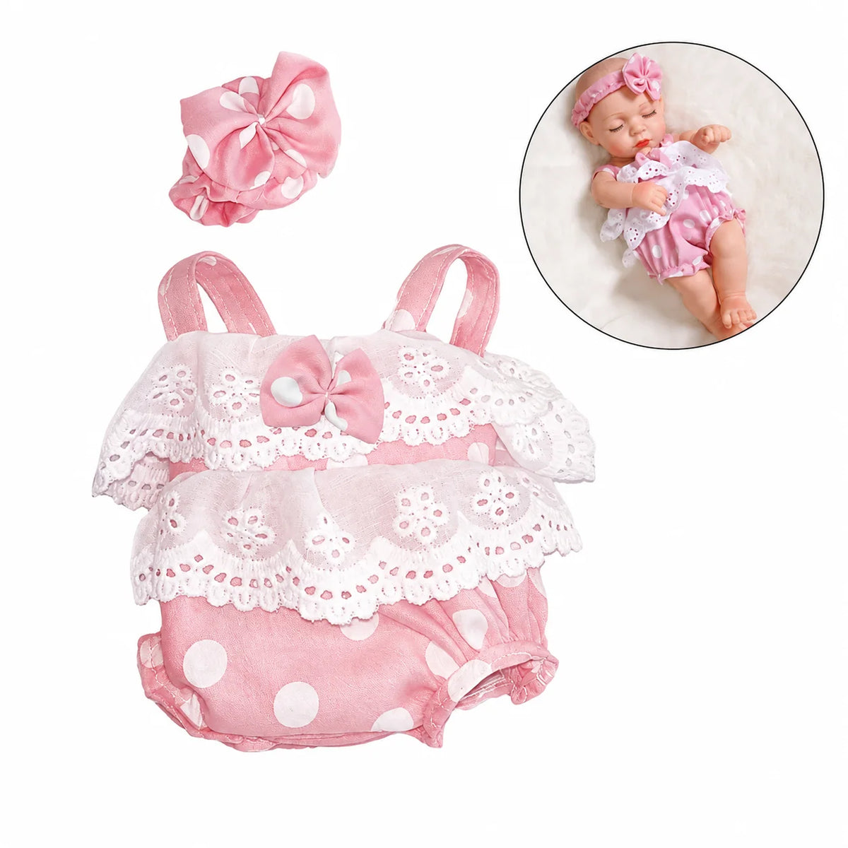 Pink lace jumpsuit outfit for a baby doll with a matching bow and polka dots