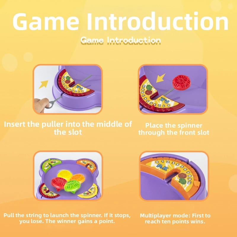 Instructions for a pull-string spinning top game showing how to insert the puller and launch the spinner.