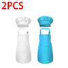 A set of two kids chef aprons and hats, one white and one blue.