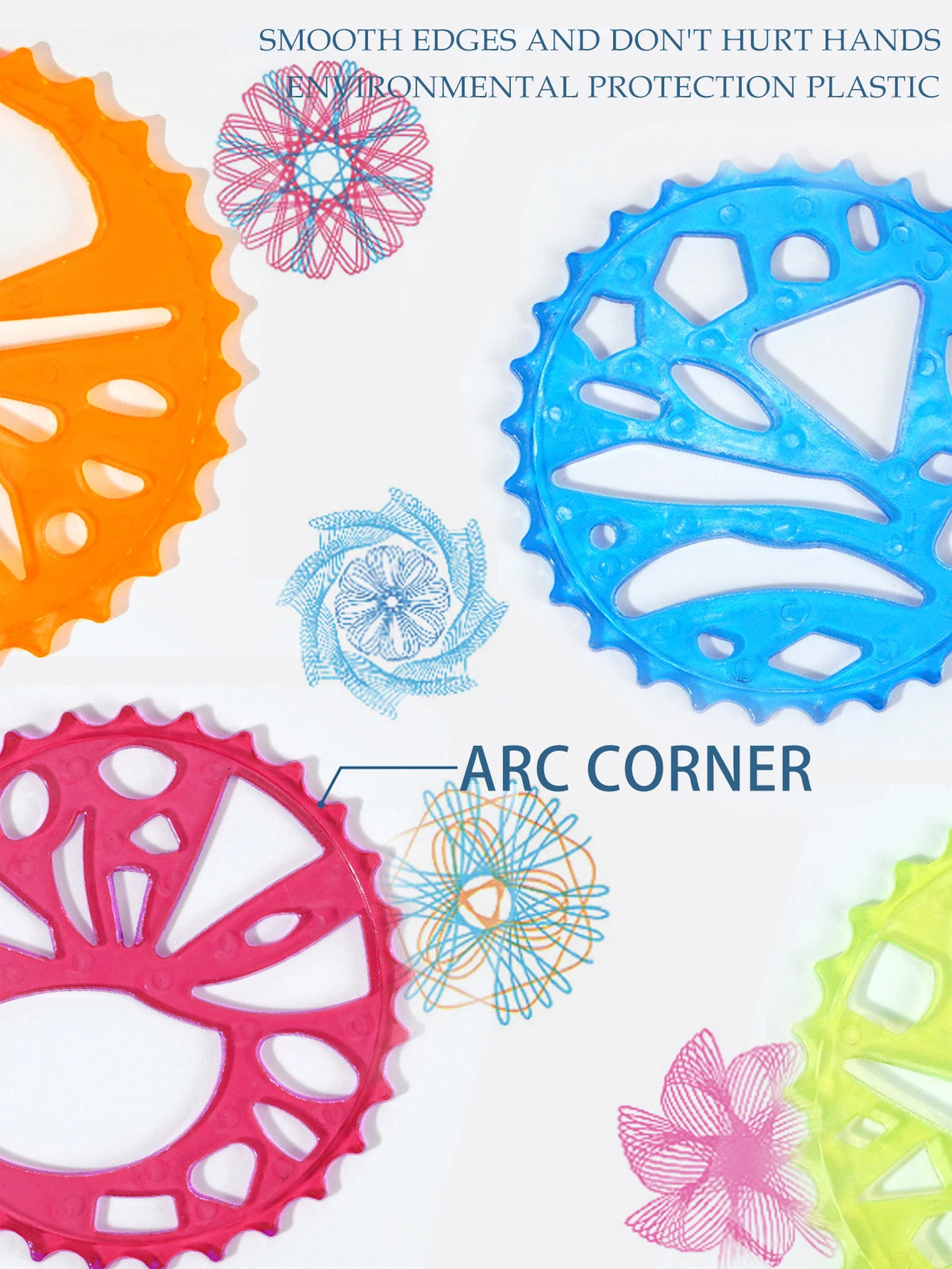 A collection of colorful plastic spirograph wheels and templates for drawing geometric patterns.