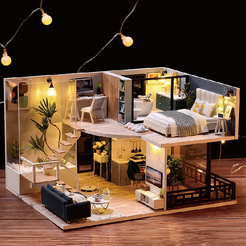DIY Wooden Dollhouse Kit with Miniature Furniture – 3D Puzzle Craft Set