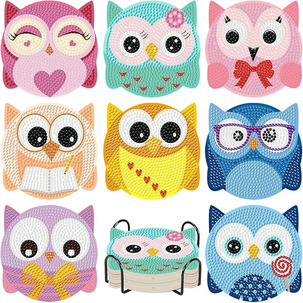 A set of cute owl-themed coasters featuring various colors and designs with metal holders.