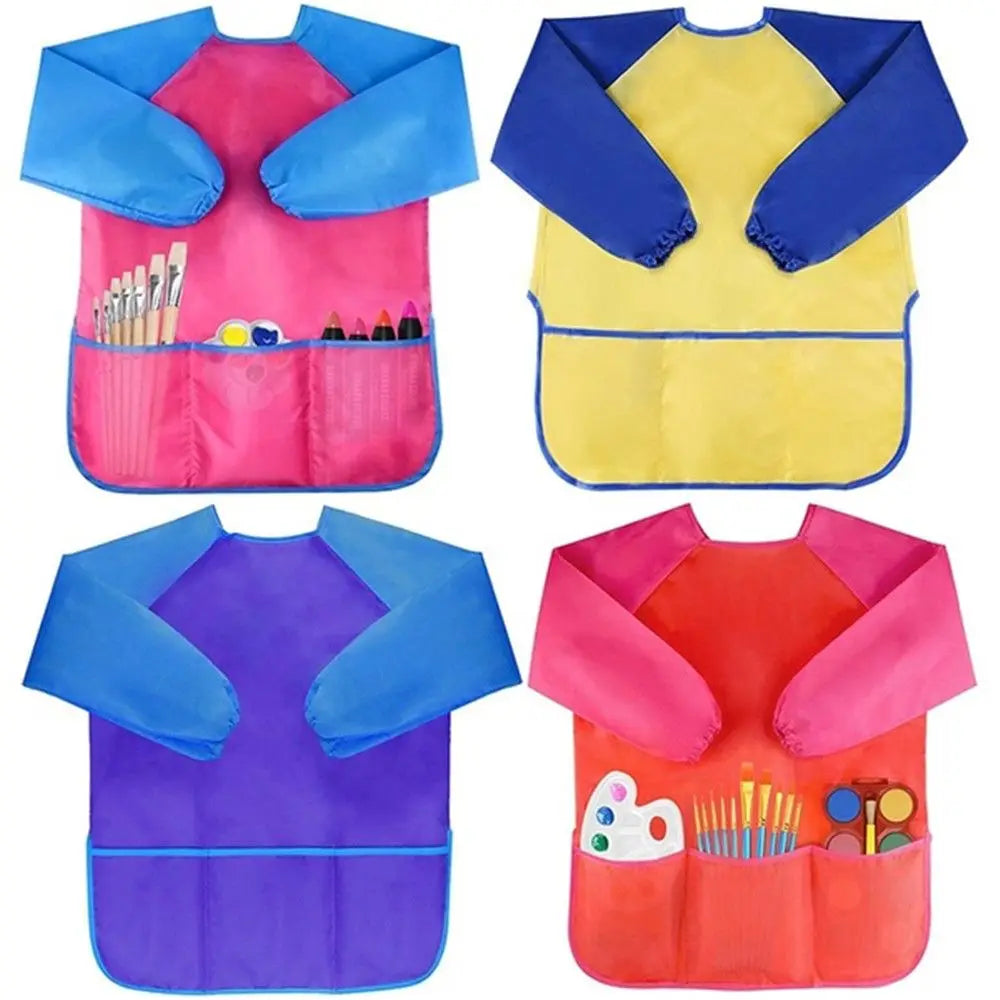 A set of four waterproof kids art and baking aprons in pink, yellow, purple, and orange with long sleeves.