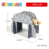 A gray plastic train track accessory set featuring an arched bridge or structure, with wooden track pieces visible.
