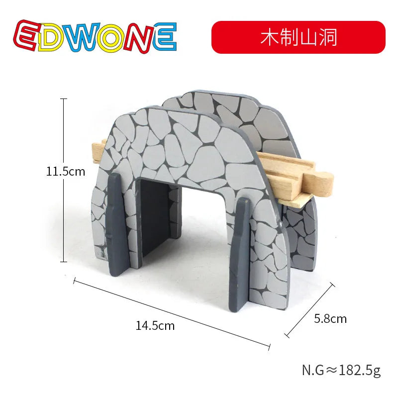A gray plastic train track accessory set featuring an arched bridge or structure, with wooden track pieces visible.