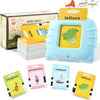 A set of interactive educational flash cards featuring various fruits and vegetables like lettuce, milk, and carrots.