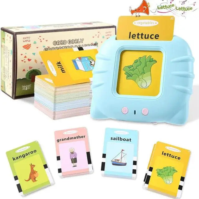 A set of interactive educational flash cards featuring various fruits and vegetables like lettuce, milk, and carrots.