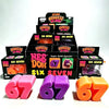 A stack of Nee Doh six seven stress relief toys in pink, purple, and orange colors.