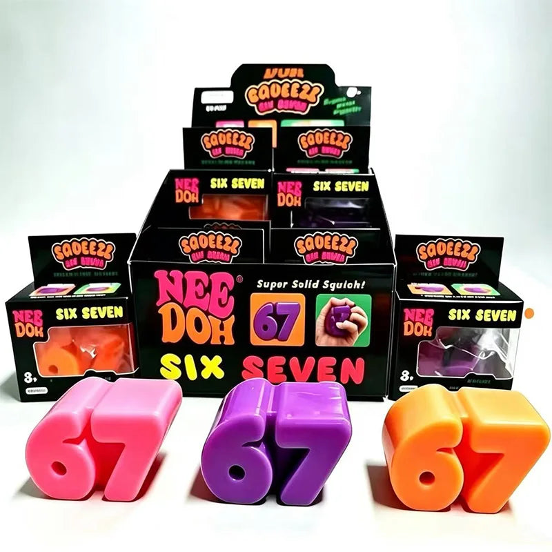 A stack of Nee Doh six seven stress relief toys in pink, purple, and orange colors.