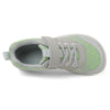 A pair of light gray and lime green kids barefoot training sneakers with laces and a wide toe box.