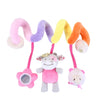 A colorful spiral sensory rattle toy with soft fabric and a flower-shaped attachment.
