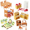 A miniature dollhouse furniture set featuring wooden tables, chairs, a bed, and various accessories for children.