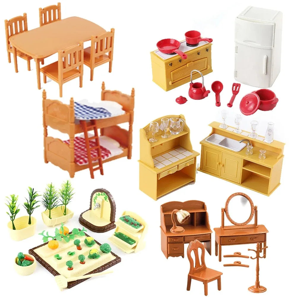 A miniature dollhouse furniture set featuring wooden tables, chairs, a bed, and various accessories for children.