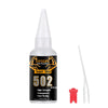 A white bottle of Super Glue 502 with a clear cap and a white applicator stick.