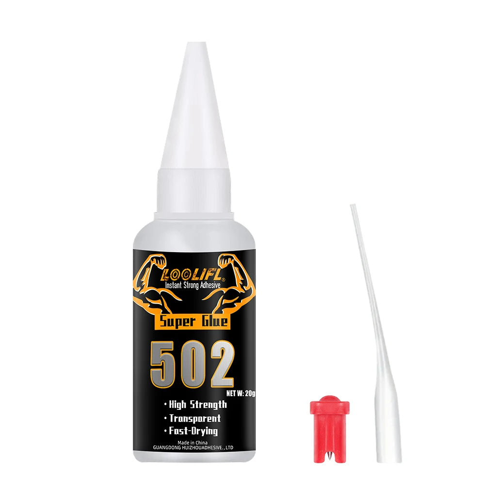 A white bottle of Super Glue 502 with a clear cap and a white applicator stick.