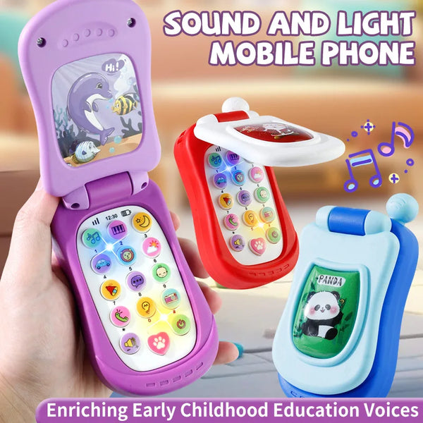A purple educational talking puzzle phone is held in a hand, showing colorful buttons and an animal design.