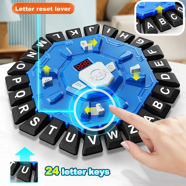 A close-up of a blue letter reset lever on an interactive board game with 24 letter keys.