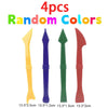 Set of four random colored dough tools including a yellow fluted tool, blue extruder, green pestle, and red rolling pin.