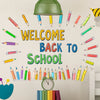 A welcome sign featuring colorful crayons and pencils arranged in a circle for classroom decor.