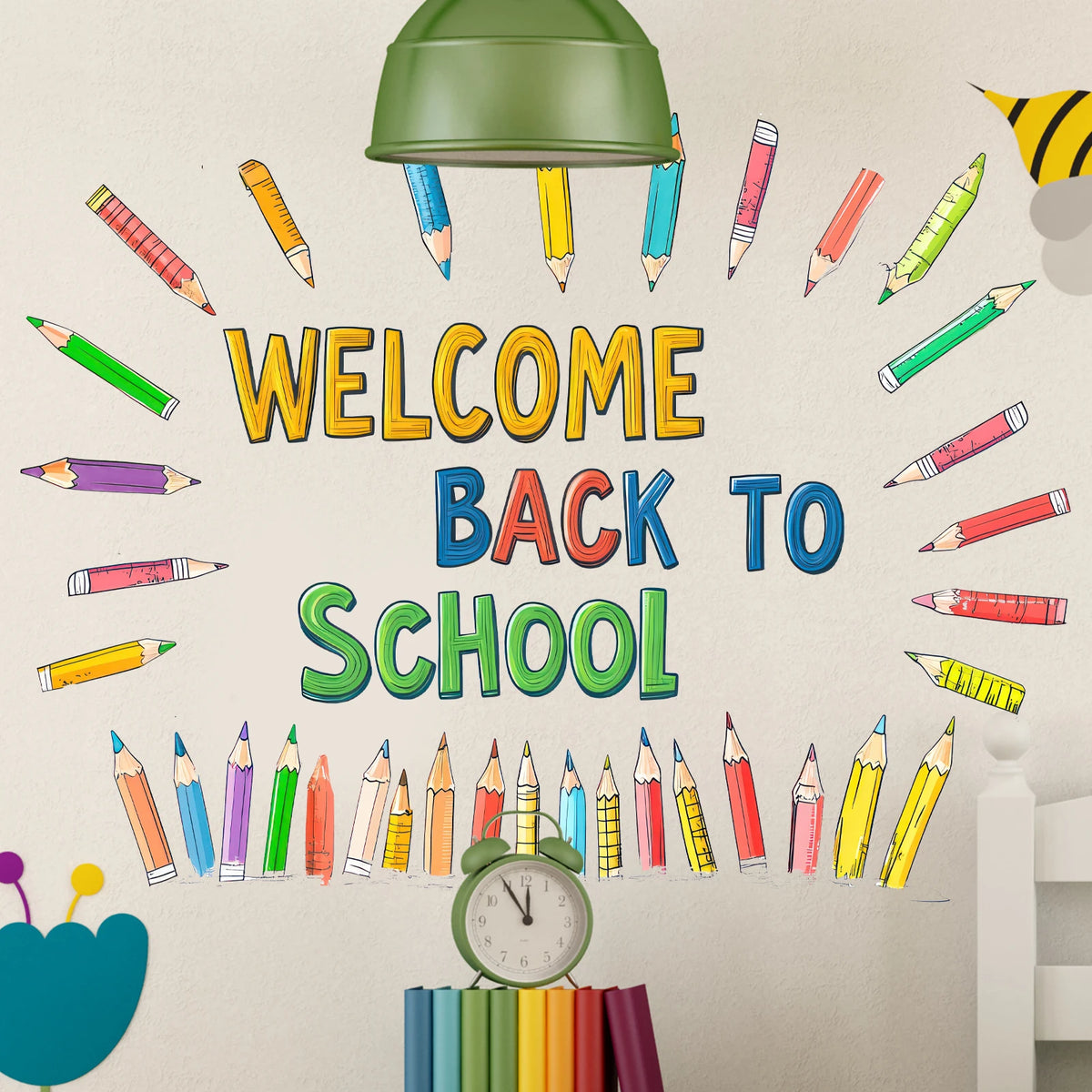 A welcome sign featuring colorful crayons and pencils arranged in a circle for classroom decor.