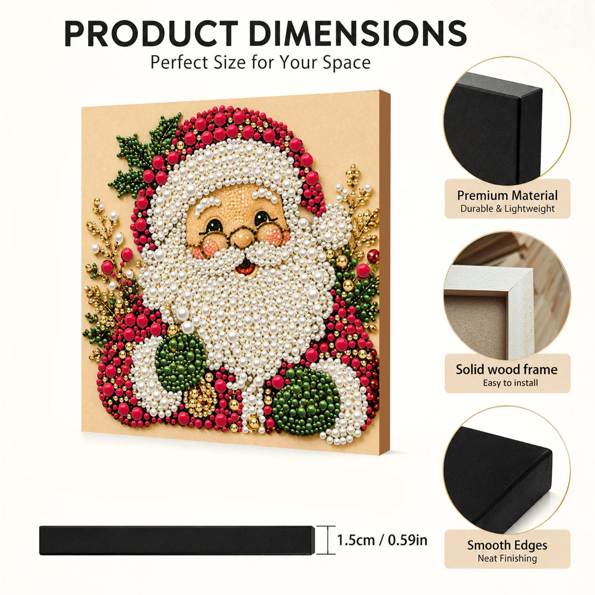 Framed Christmas Santa beard art kit featuring a white pearl texture on a light brown canvas with dimension guides.