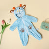 A light blue animal romper for a baby doll with orange ears and brown accents.