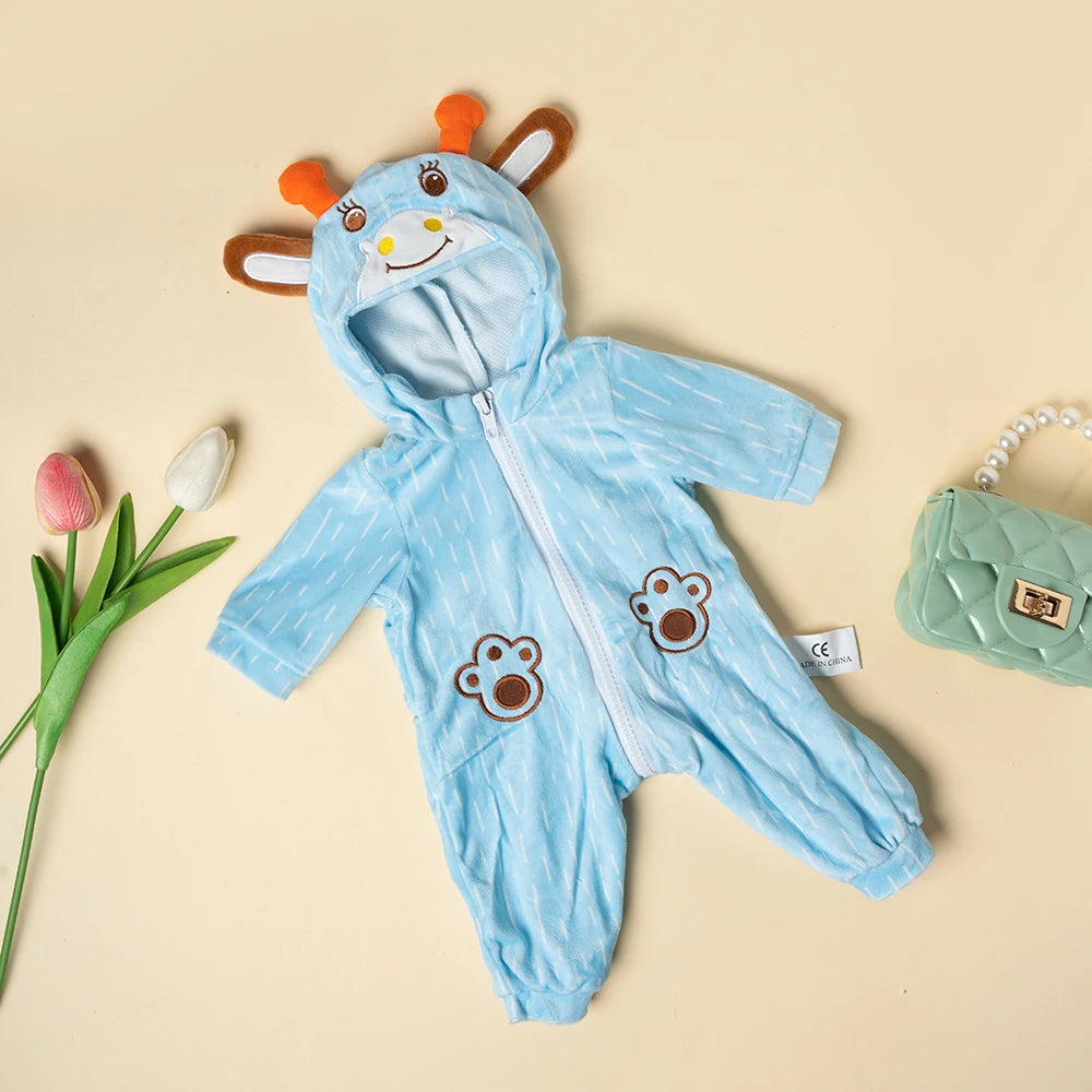 A light blue animal romper for a baby doll with orange ears and brown accents.