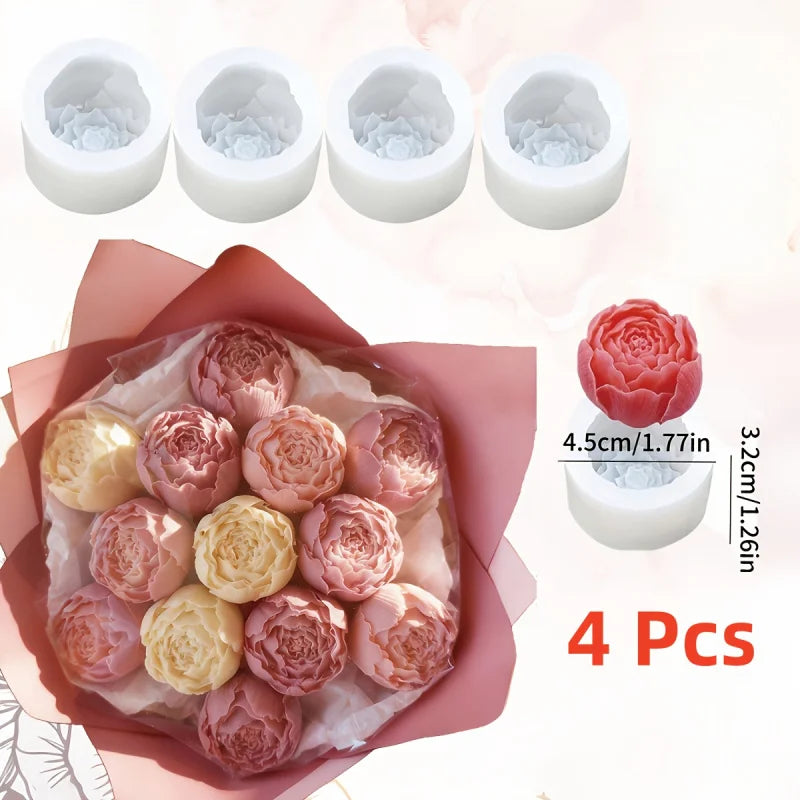 A set of four realistic pink and cream rose silicone molds for candle, soap, and crafting.